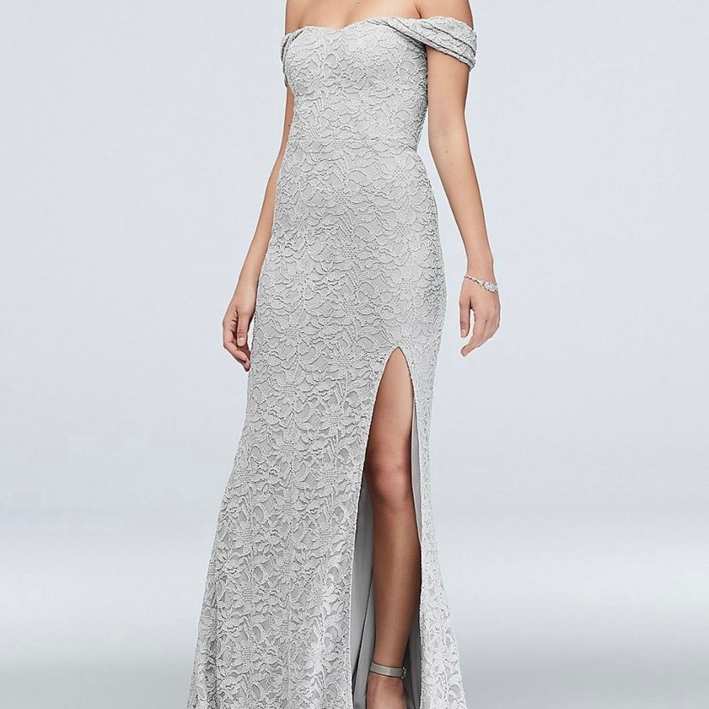 City Triangles Off the Shoulder Metallic Lace Dress with Slit (5)